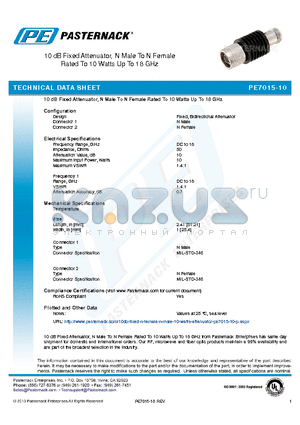PE7015-10 datasheet - 10 dB Fixed Attenuator, N Male To N Female Rated To 10 Watts Up To 18 GHz