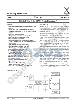 X24257V14-2.5 datasheet - 400kHz 2-Wire Serial EEPROM with Block Lock