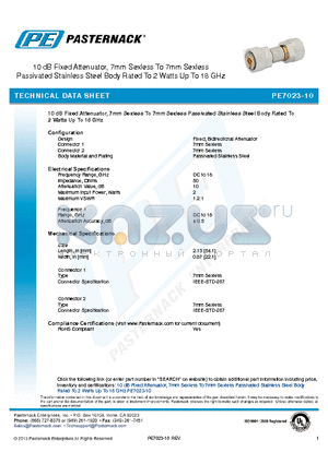 PE7023-10 datasheet - 10 dB Fixed Attenuator, 7mm Sexless To 7mm Sexless Passivated Stainless Steel Body Rated To 2 Watts Up To 18 GHz