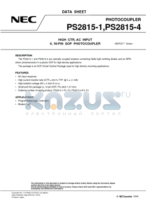 PS2815-4 datasheet - HIGH CTR, AC INPUT 4, 16-PIN SOP PHOTOCOUPLER