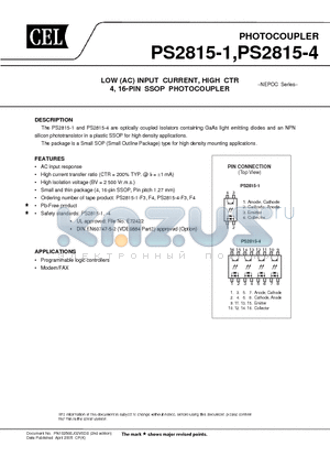 PS2815-4 datasheet - LOW (AC) INPUT CURRENT, HIGH CTR 4, 16-PIN SSOP PHOTOCOUPLER