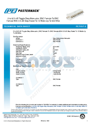 PE7037-2 datasheet - 0 to 82.5 dB Toggle Step Attenuator, BNC Female To BNC Female With 0.5 dB Step Rated To 10 Watts Up To 500 MHz