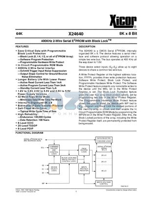 X24640PI-1.8 datasheet - 400KHz 2-Wire Serial E 2 PROM with Block Lock