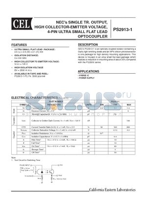 PS2913-1-F3 datasheet - NECs SINGLE TR. OUTPUT, HIGH COLLECTOR-EMITTER VOLTAGE, 4-PIN ULTRA SMALL FLAT LEAD OPTOCOUPLER