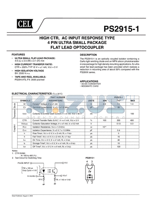 PS2915-1 datasheet - HIGH CTR, AC INPUT RESPONSE TYPE 4 PIN ULTRA SMALL PACKAGE FLAT LEAD OPTOCOUPLER
