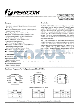 PS301 datasheet - Precision, Single-Supply SPST Analog Switches