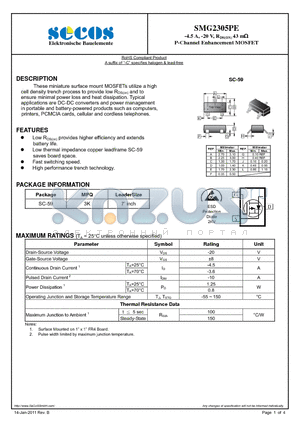 SMG2305PE datasheet - P-Channel Enhancement MOSFET