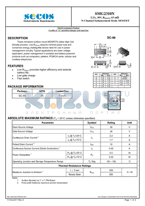 SMG2310N datasheet - N-Channel Enhancement Mode MOSFET
