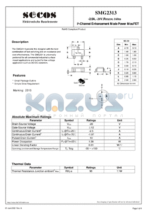 SMG2313 datasheet - P-Channel Enhancement Mode Power Mos.FET