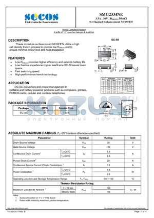 SMG2334NE_12 datasheet - 3.5A , 30V , RDS(ON) 58 m N-Channel Enhancement MOSFET