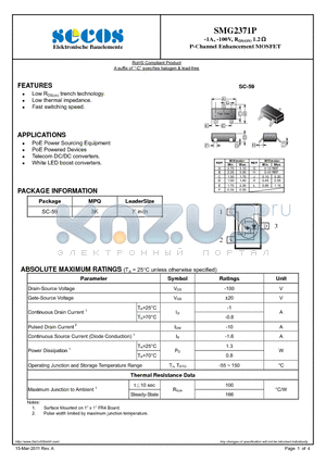 SMG2371P datasheet - P-Channel Enhancement MOSFET