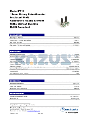 P110KV-0Y15CR100K datasheet - 11mm Rotary Potentiometer Insulated Shaft Conductive Plastic Element With / Without Bushing RoHS Compliant