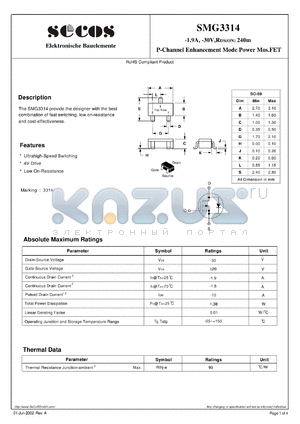 SMG3314 datasheet - P-Channel Enhancement Mode Power Mos.FET