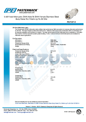PE7087-5 datasheet - 5 dB Fixed Attenuator, SMA Male To SMA Female Stainless Steel Body Rated To 2 Watts Up To 26 GHz