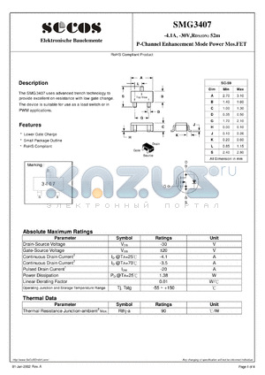 SMG3407 datasheet - P-Channel Enhancement Mode Power Mos.FET