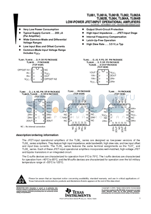 TL061 datasheet - LOW-POWER JFET-INPUT OPERATIONAL AMPLIFIERS