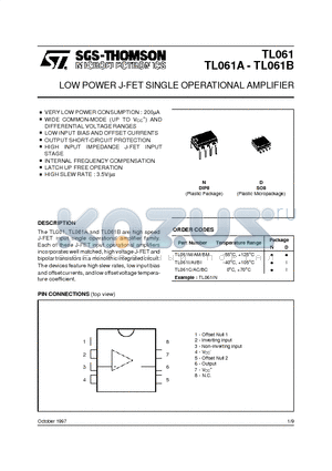 TL061A datasheet - LOW POWER J-FET SINGLE OPERATIONAL AMPLIFIER