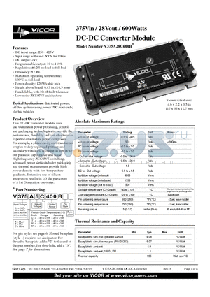 V375A28C600B datasheet - 375Vin / 28Vout / 600Watts DC-DC Converter Module