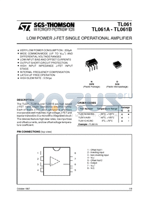 TL061AI datasheet - LOW POWER J-FET SINGLE OPERATIONAL AMPLIFIER