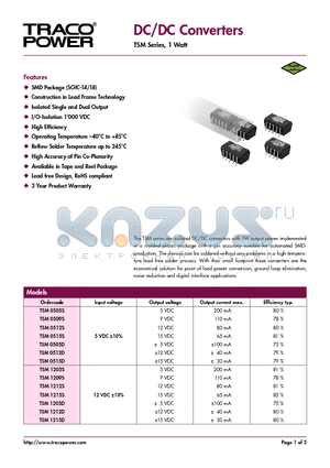 TSM0505S datasheet - DC/DC Converters - TSM Series, 1 Watt