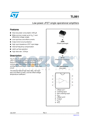 TL061IN datasheet - LOW POWER J-FET SINGLE OPERATIONAL AMPLIFIER