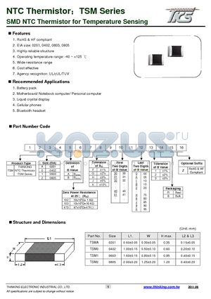 TSM0A103F34D1 datasheet - SMD NTC Thermistor for Temperature Sensing