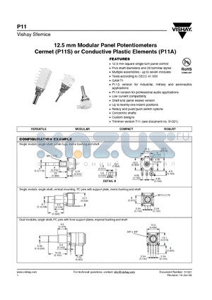 P11A4Q0EASY00103MA datasheet - 12.5 mm Modular Panel Potentiometers Cermet (P11S) or Conductive Plastic Elements (P11A)