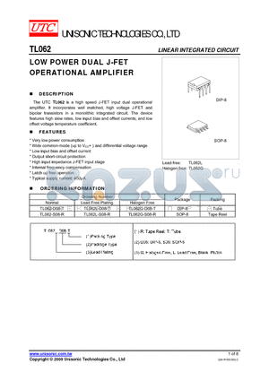 TL062-D08-T datasheet - LOW POWER DUAL J-FET OPERATIONAL AMPLIFIER