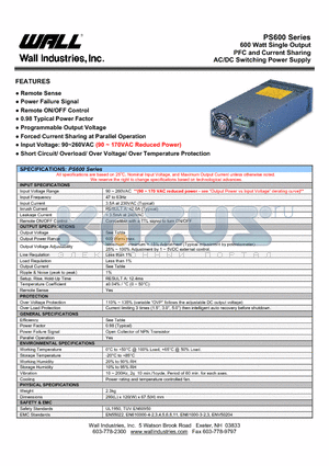 PS600 datasheet - 600 Watt Single Output PFC and Current Sharing AC/DC Switching Power Supply