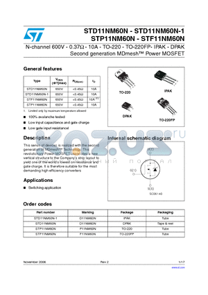 P11NM60N datasheet - N-channel 600V-0.37ohm-10A-TO-220-TO-220FP- IPAK-DPAK Second generation MDmesh Power MOSFET