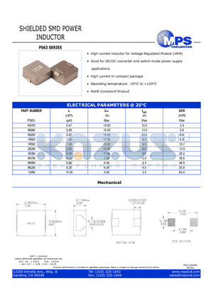 PS63 datasheet - SHIELDED SMD POWER INDUCTOR