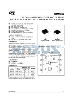 TSM1012I datasheet - LOW CONSUMPTION VOLTAGE AND CURRENT CONTROLLER FOR BATTERY CHARGERS AND ADAPTORS