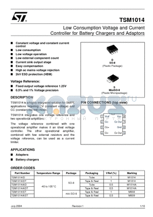 TSM1014IDT datasheet - Low Consumption Voltage and Current Controller for Battery Chargers and Adaptors