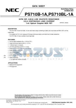 PS710B-1A-A datasheet - 6-PIN DIP, 0.05 Y LOW ON-STATE RESISTANCE 2.5 A CONTINUOUS LOAD CURRENT 1-ch Optical Coupled MOS FET