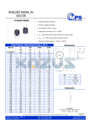 P11RS2875-180M datasheet - SHIELDED RADIAL INDUCTOR