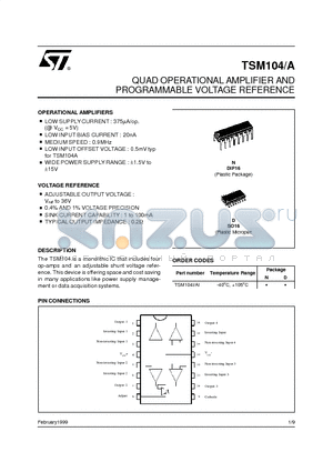 TSM104 datasheet - QUAD OPERATIONAL AMPLIFIER AND PROGRAMMABLE VOLTAGE REFERENCE