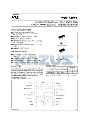 TSM104A datasheet - QUAD OPERATIONAL AMPLIFIER AND PROGRAMMABLE VOLTAGE REFERENCE