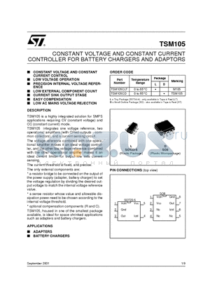 TSM105 datasheet - CONSTANT VOLTAGE AND CONSTANT CURRENT CONTROLLER FOR BATTERY CHARGERS AND ADAPTORS