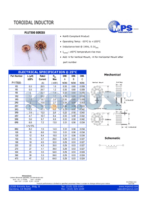 P11T500-150 datasheet - TOROIDAL INDUCTOR
