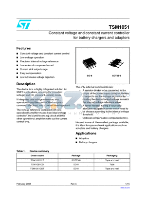 TSM1051CLT datasheet - Constant voltage and constant current controller for battery chargers and adaptors