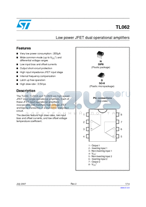 TL062IN datasheet - LOW POWER J-FET DUAL OPERATIONAL AMPLIFIERS