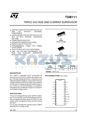 TSM111N datasheet - TRIPLE VOLTAGE AND CURRENT SUPERVISOR