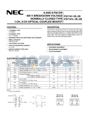 PS7141L-1B-E3 datasheet - 6 AND 8 PIN DIP 400 V BREAKDOWN VOLTAGE NORMALLY CLOSED TYPE 1-CH, 2-CH OPTICAL COUPLED MOSFET