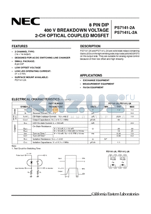 PS7141L-2A-E3 datasheet - 8 PIN DIP 400 V BREAKDOWN VOLTAGE 2-CH OPTICAL COUPLED MOSFET