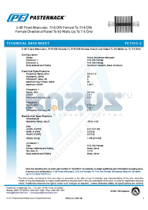 PE7313-3 datasheet - 3 dB Fixed Attenuator, 7/16 DIN Female To 7/16 DIN Female Directional Rated To 50 Watts Up To 7.5 GHz