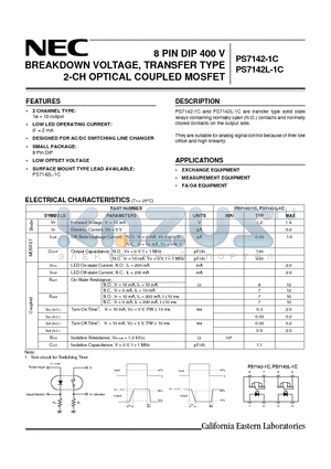 PS7142-1C datasheet - 8 PIN DIP 400 V BREAKDOWN VOLTAGE, TRANSFER TYPE 2-CH OPTICAL COUPLED MOSFET