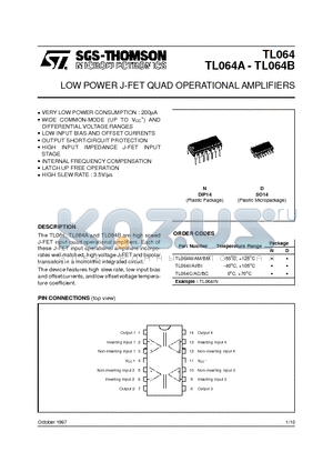 TL064A datasheet - LOW POWER J-FET QUAD OPERATIONAL AMPLIFIERS