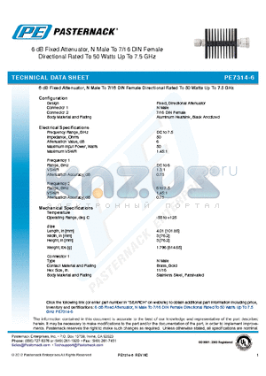 PE7314-6 datasheet - 6 dB Fixed Attenuator, N Male To 7/16 DIN Female Directional Rated To 50 Watts Up To 7.5 GHz