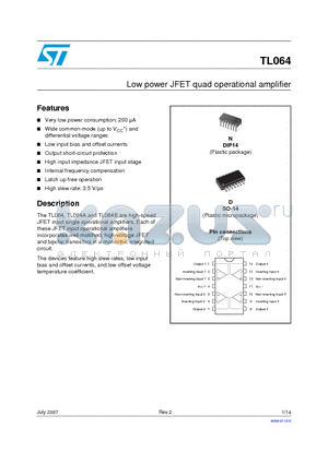 TL064AIDT datasheet - Low power JFET quad operational amplifier