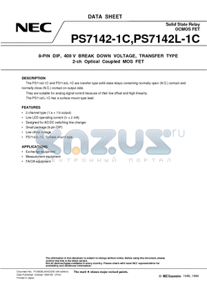 PS7142L-1C-E4 datasheet - 8-PIN DIP, 400 V BREAK DOWN VOLTAGE, TRANSFER TYPE 2-ch Optical Coupled MOS FET